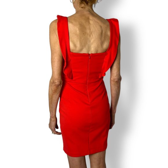 Amanda Uprichard Red Sheath Short Dress Ruffle Square Neck Size L Pinafore - Picture 4 of 8